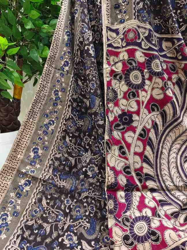 'Rajatavalli' Black canvas with Peacock design cotton Kalamkari Saree