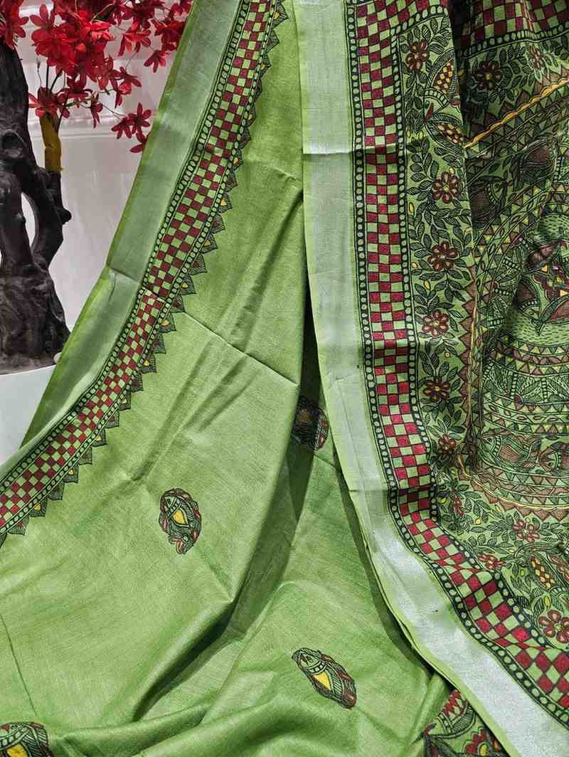 Mastya Sundari Green Bharni Hand painted Madhubani Blend Saree