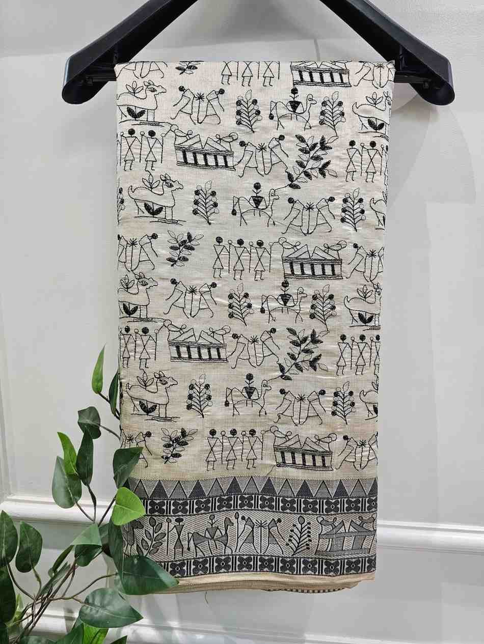 Black Thread Work Tussar Silk Saree - Warali Motifs