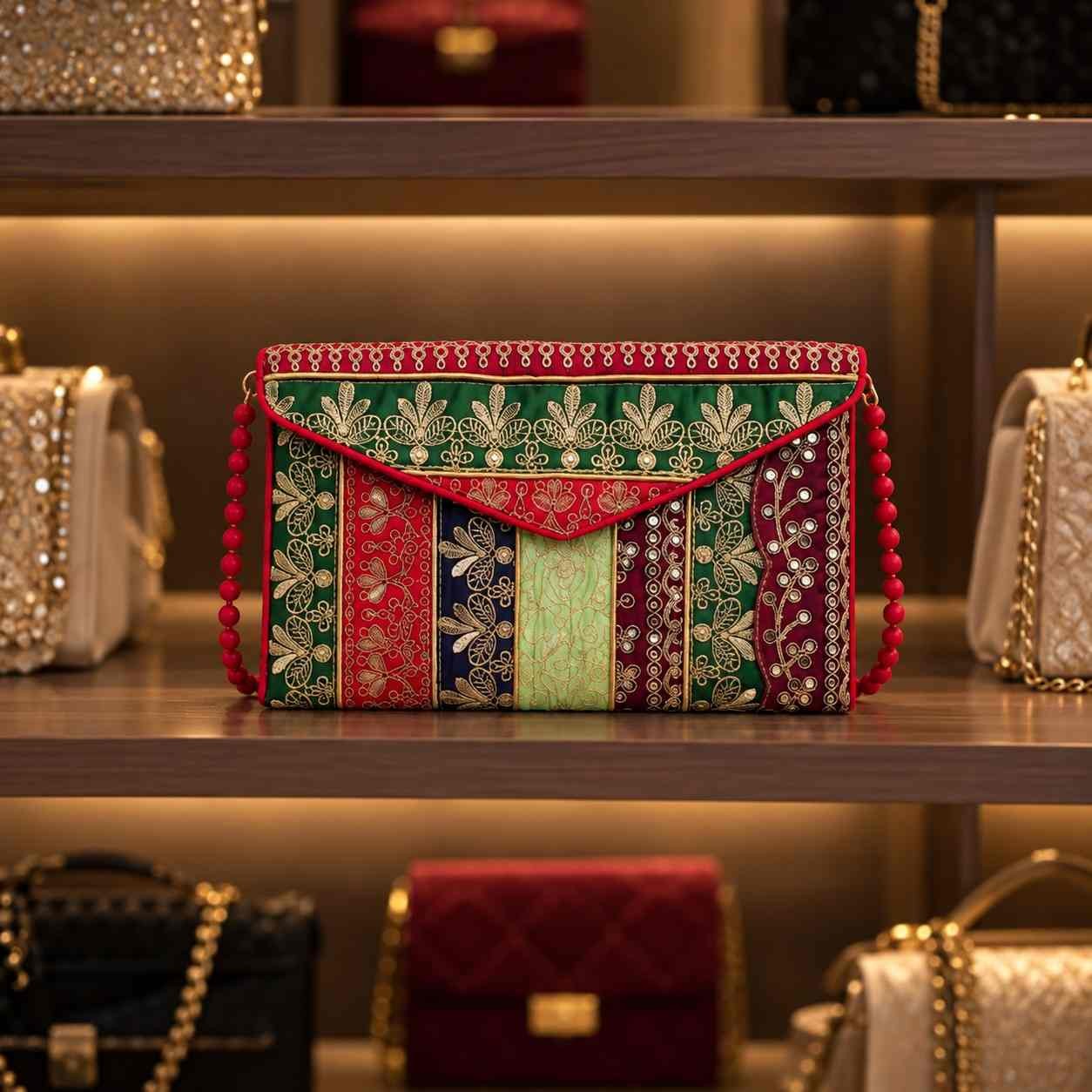 Artisanal Zari Embroidered Festive Handbag | Vibrant Indian Traditional Crossbody Purse with Red Beaded Chain for Weddings & Ethnic Wear