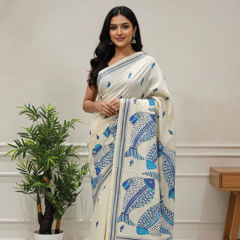 Tussar Silk Mormon Fish Blue Stitch Kantha