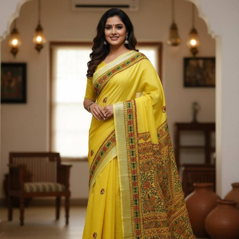 'Meen mayuri' Yellow Hand Painted Madhubani Blend Saree