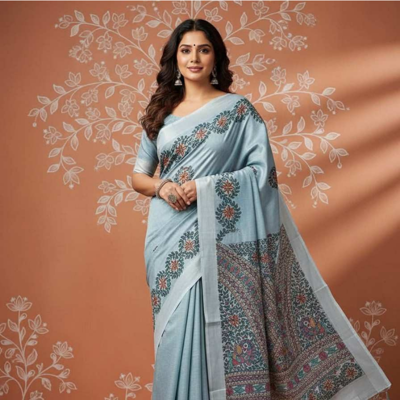 Floral Motifs Greyish Blue Hand painted Madhubani Blend Saree