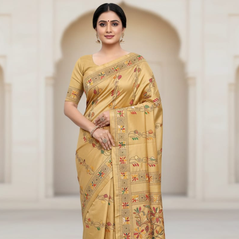 Bangalore Silk Blend Kantha Saree-  Buff With Multicolor Design