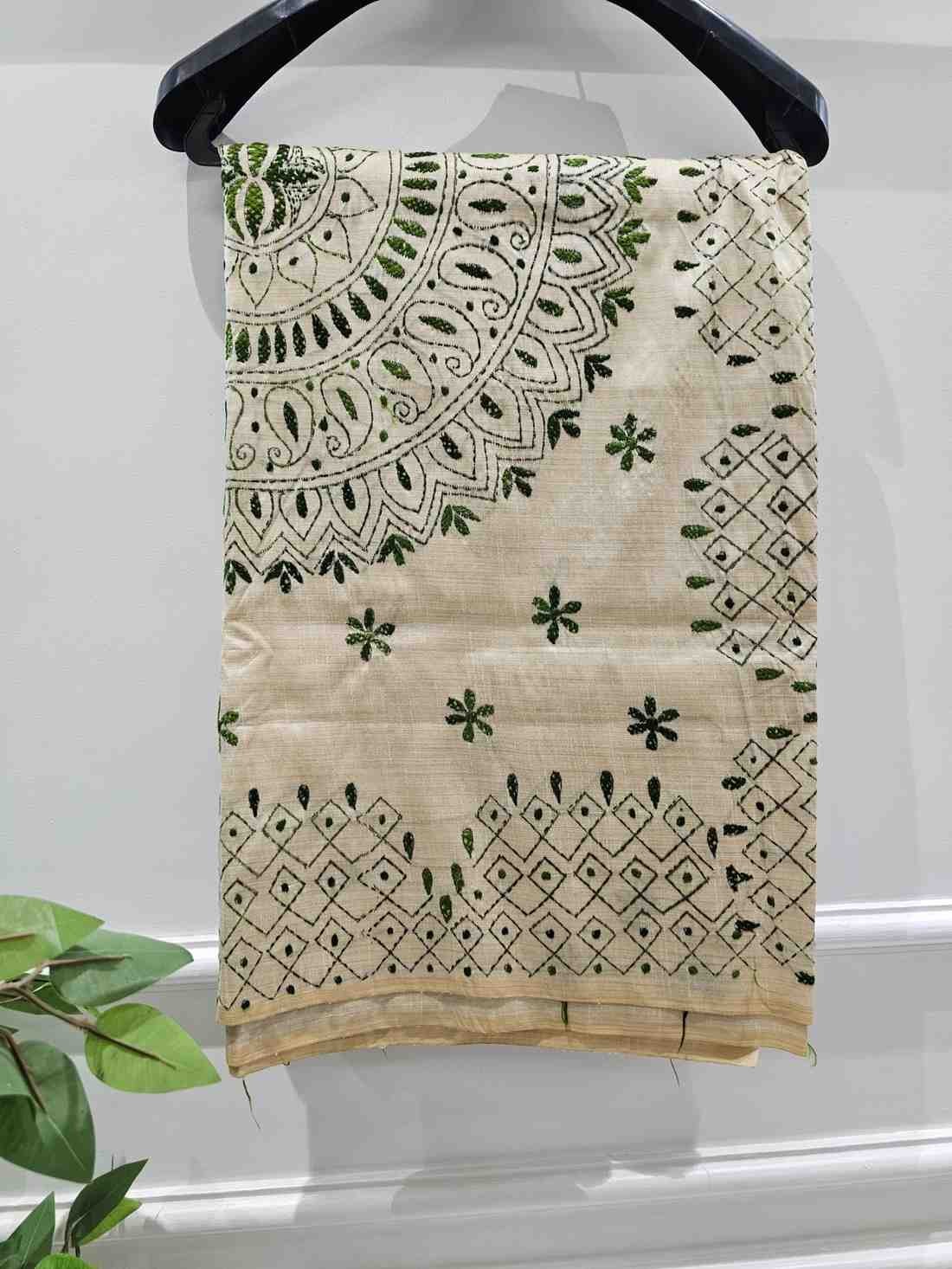 Hand Stitched Fragmented Kadhwa Kantha Saree- Green