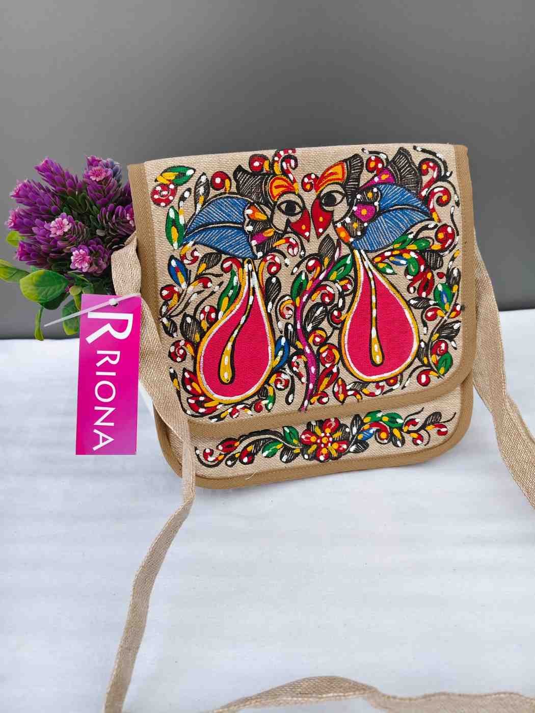 Handpainted Madhubani Jute Round cut Sling Bag - Twin Bird Design
