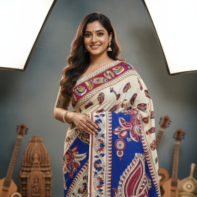 'Vadyarasa' White base with Musical instrument motifs cotton Kalamkari Saree