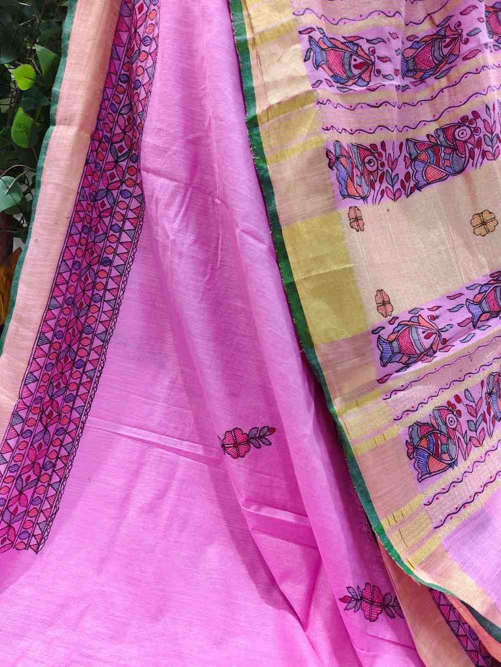 Gulabi Chakra Morni Hand painted Madhubani Blend Saree