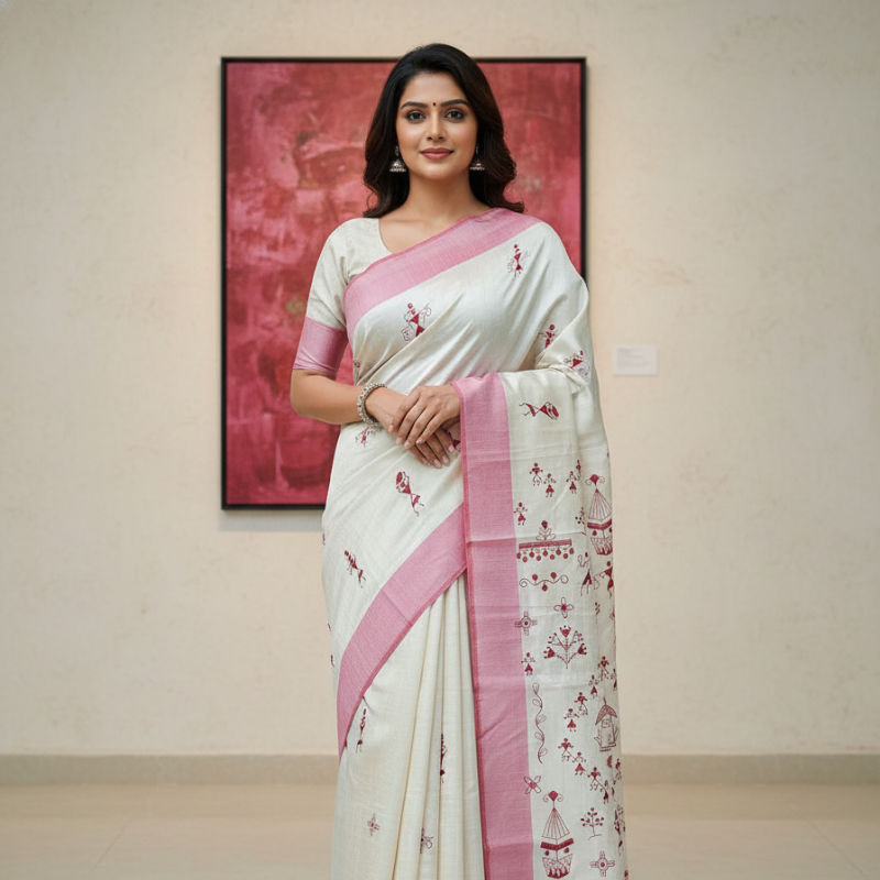 Hand stitched Matka Silk With Warali Design - Pink