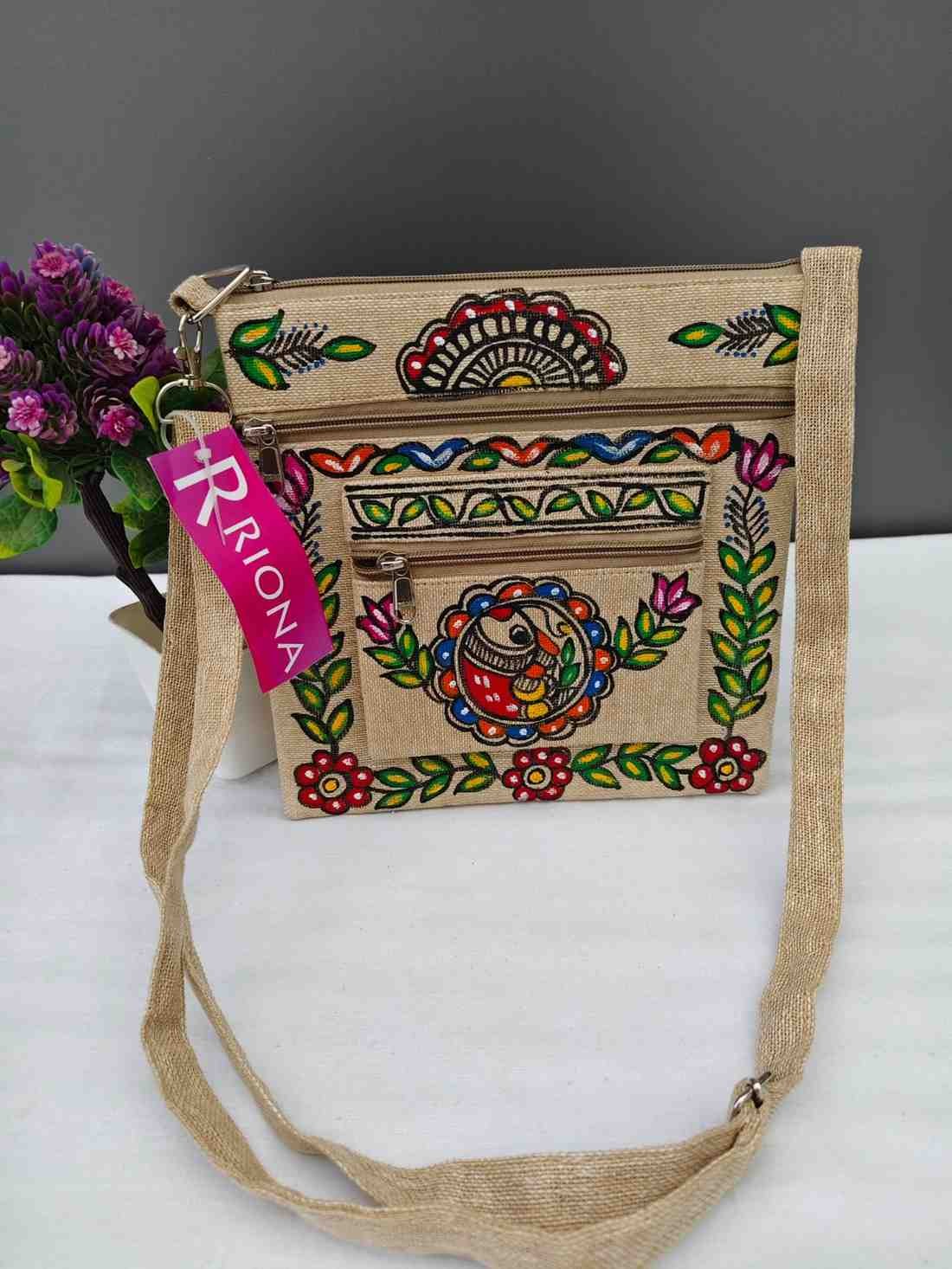Handpainted Madhubani Double Chain Jute Small Sling Bag - Round Fish Design
