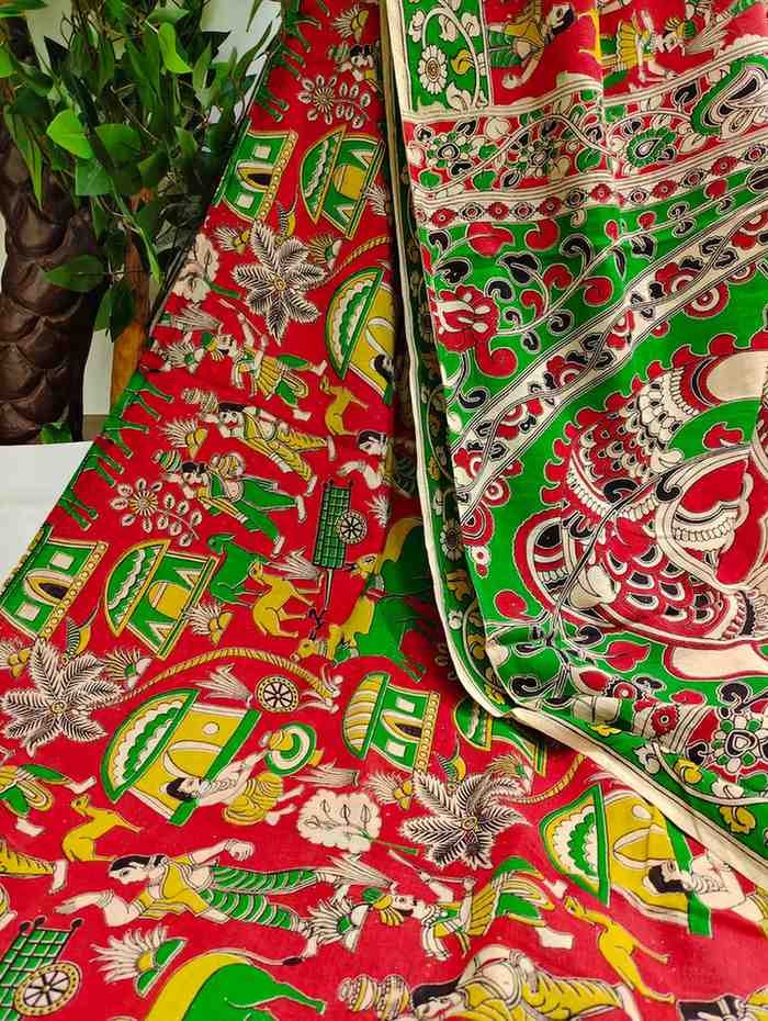 'Samudaya' Red canvas with Rural life design cotton Kalamkari Saree