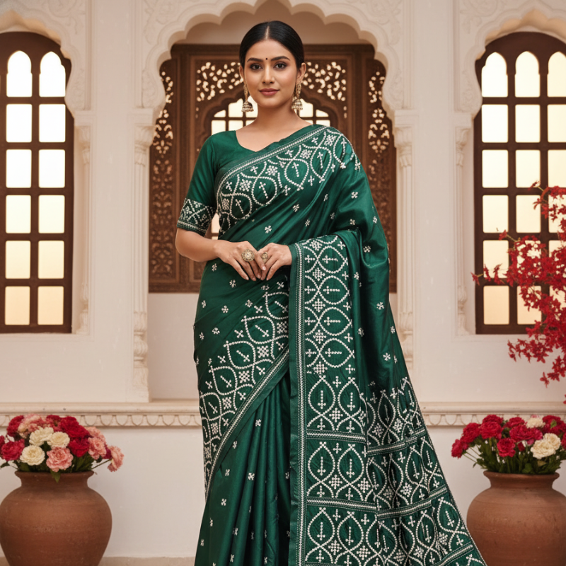 Classic Green Weave Bangalore Silk Kantha Saree
