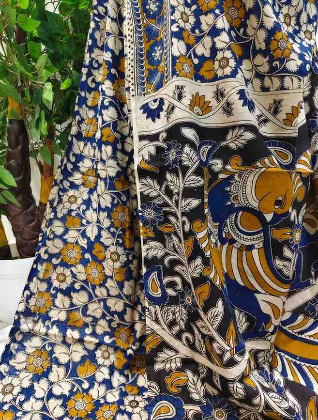 'Pushpa Vihar' Royal Blue canvas cotton Kalamkari Saree