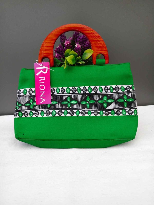 Handpainted Madhubani Silk Bag With Wooden handle -  Green