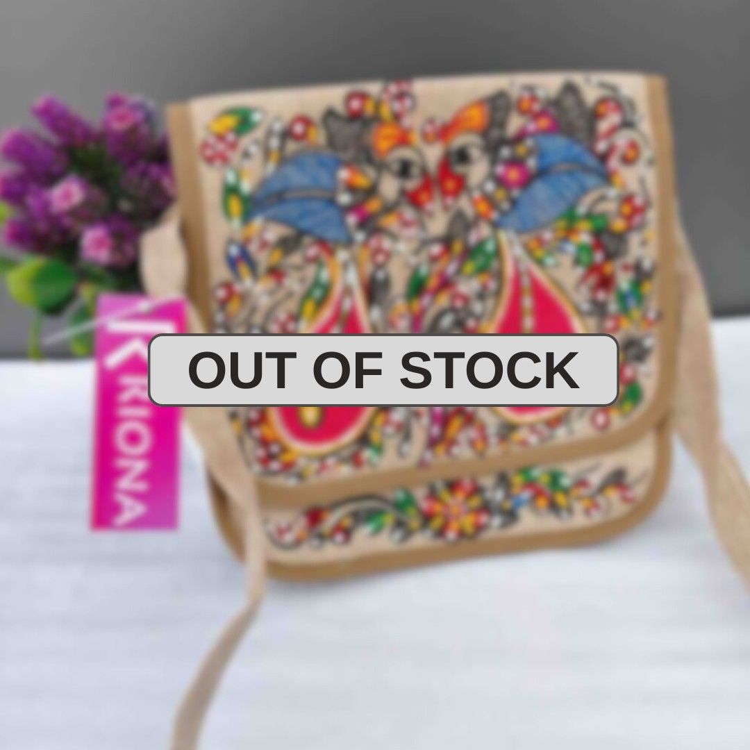 Handpainted Madhubani Jute Round cut Sling Bag - Twin Bird Design
