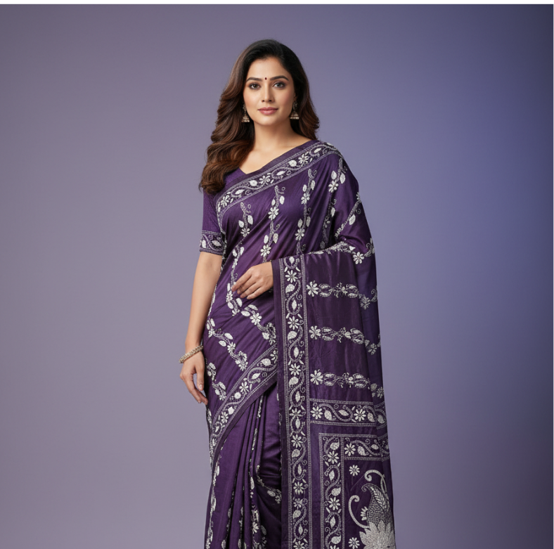 Bangalore Silk Blend Kantha Saree - Purple With Lotus Design