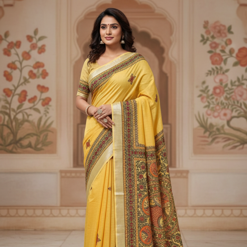 'Swarna Matsya' Hand painted Madhubani Blend Saree