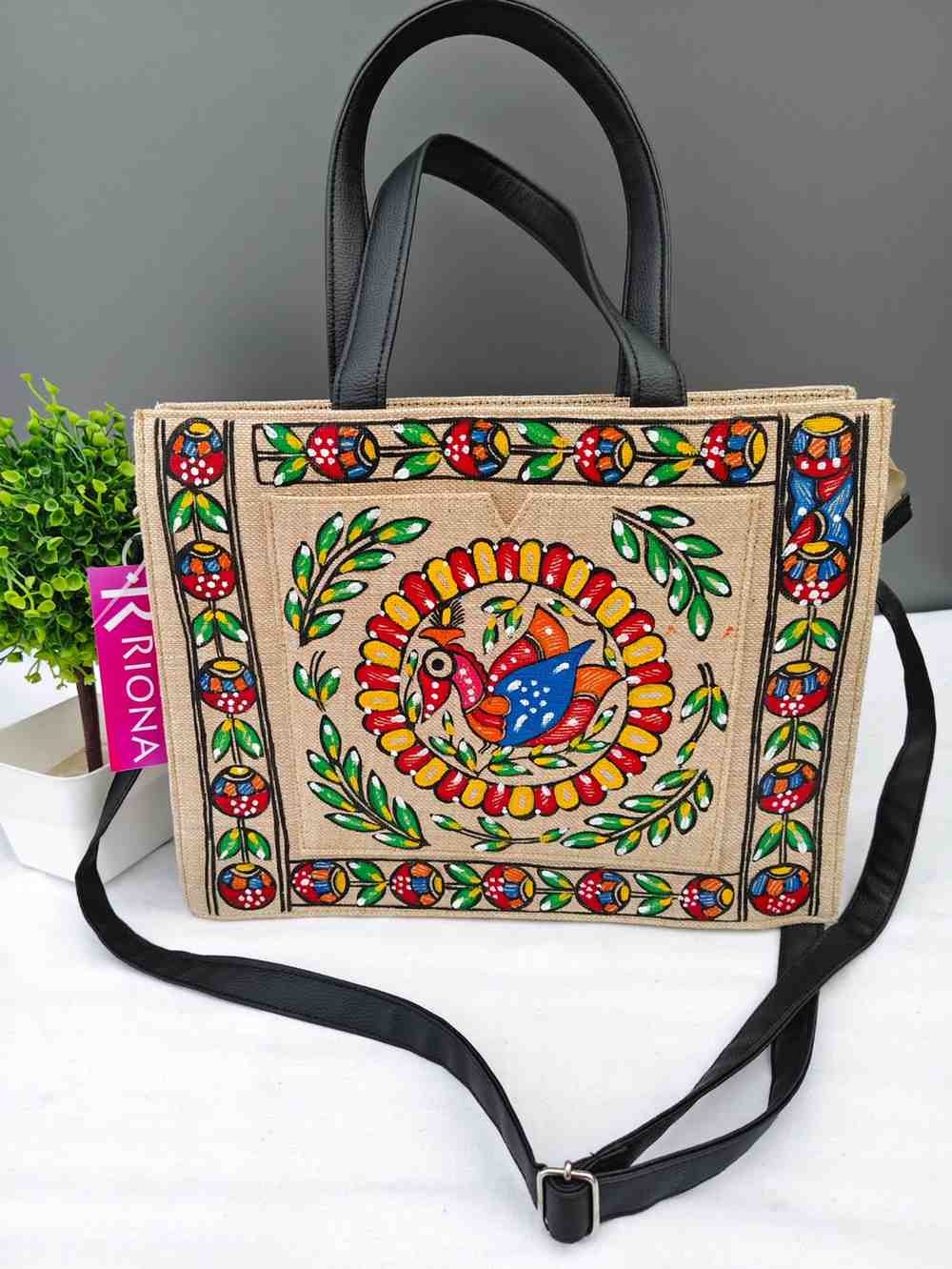 Handpainted Madhubani Box Tote Jute Bag - Round Peacock Design