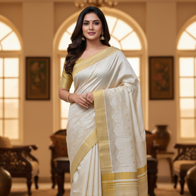 Odisha Special Matka Silk with Golden Border - Dotted Honeycomb Design