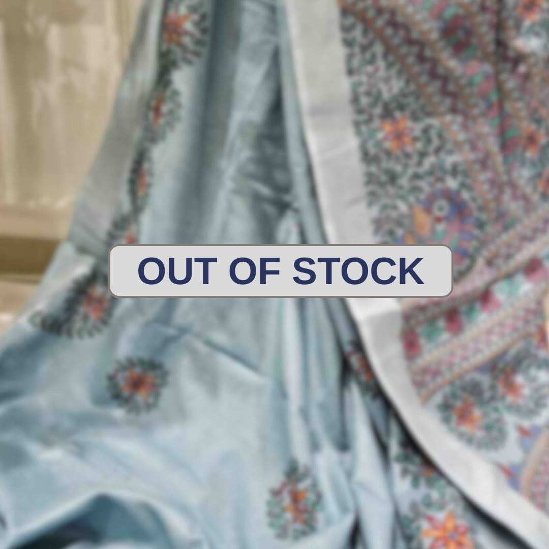 Floral Motifs Greyish Blue Hand painted Madhubani Blend Saree