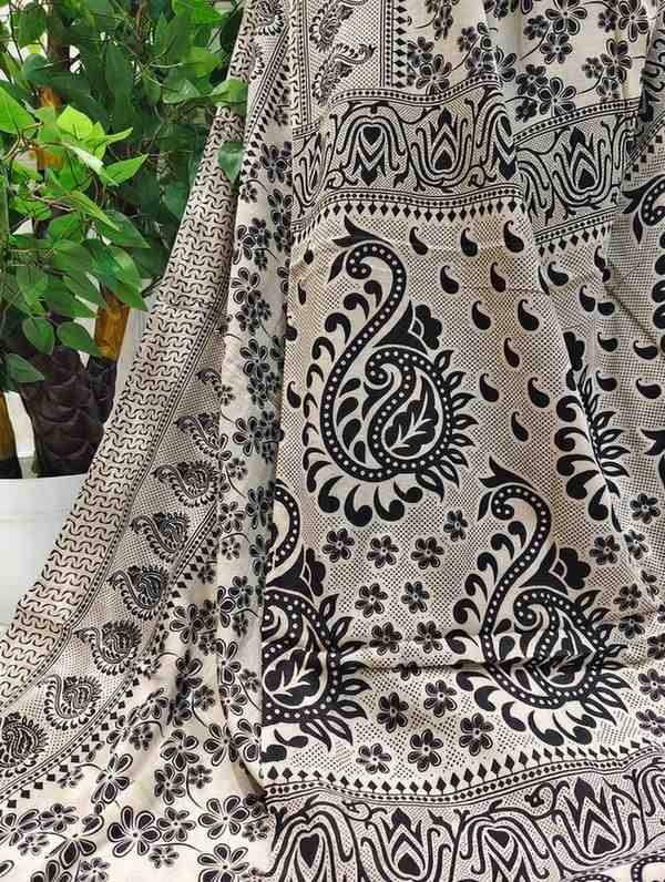 'Kumudini' Off White Canvas with Black Floral motifs  cotton Kalamkari Saree