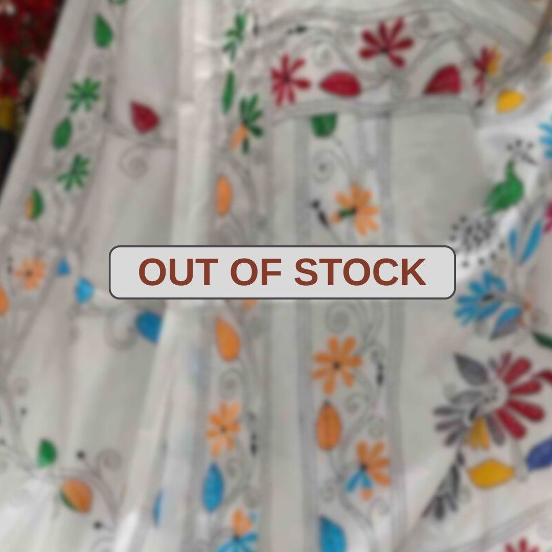 Bangalore Silk Blend Kantha Saree - White with Multicolor Design