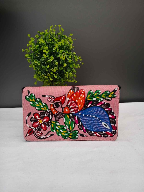 Handpainted Madhubani Jute Kaross Bag -Peacock Design
