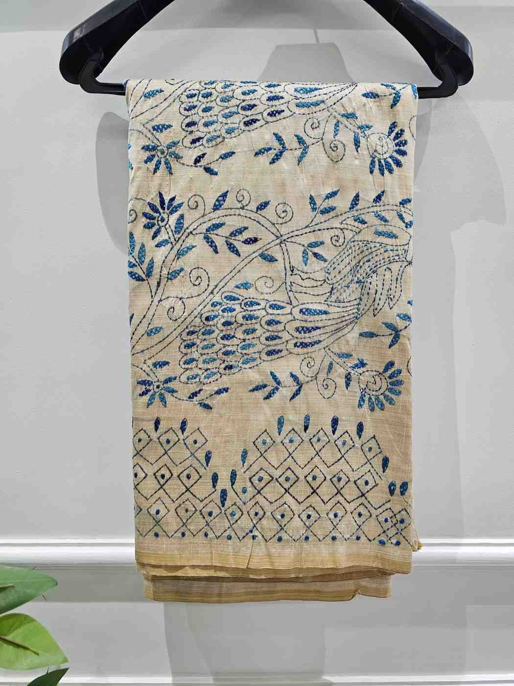 Hand Stitched Fragmented Kadhwa Kantha Saree- Blue Peacock