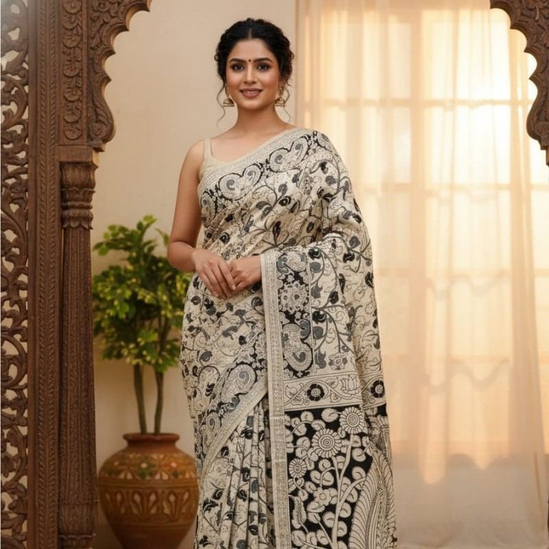 'Vanashri' Off White canvas cotton Kalamkari Saree