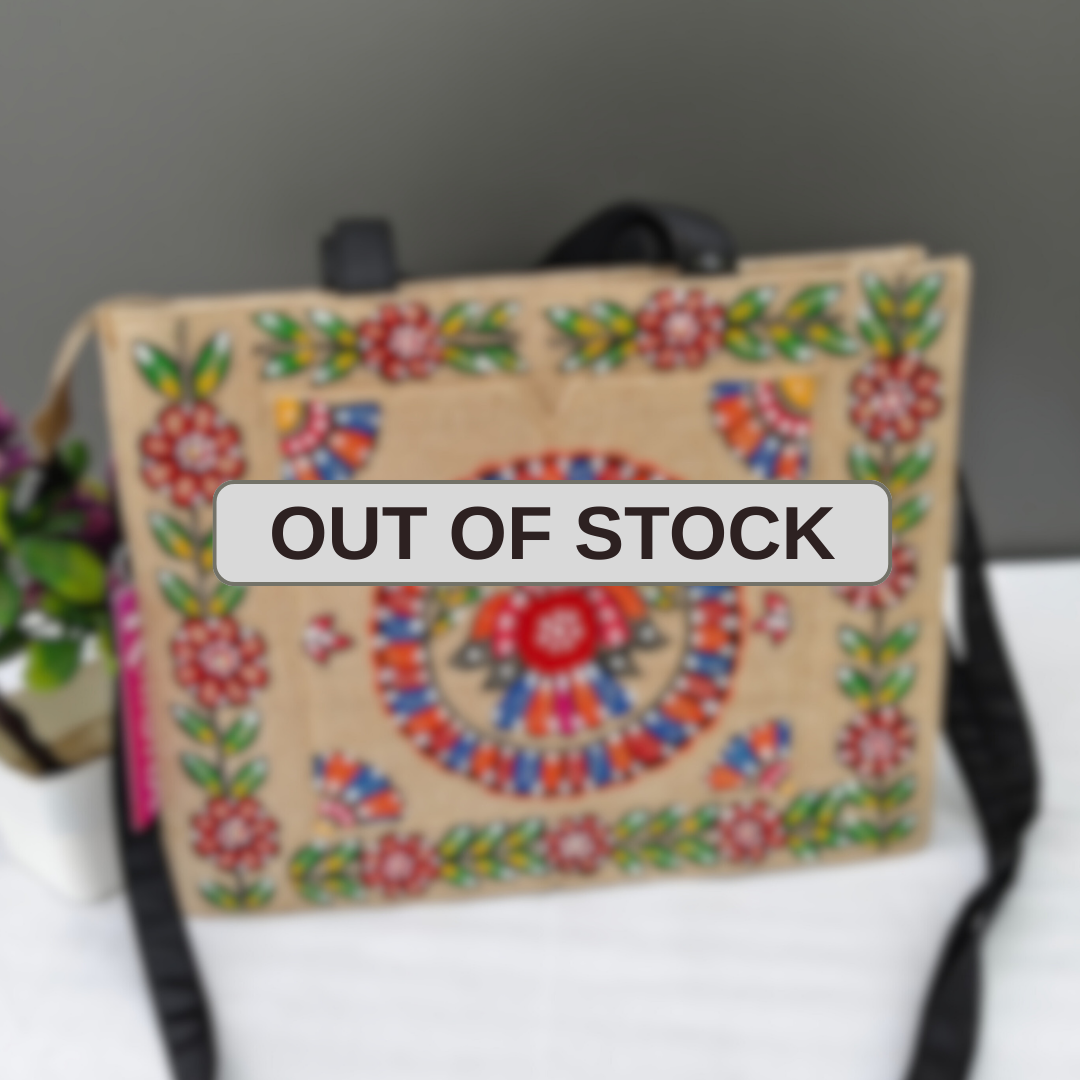 Handpainted Madhubani Box Tote Jute Bag - Owl Design