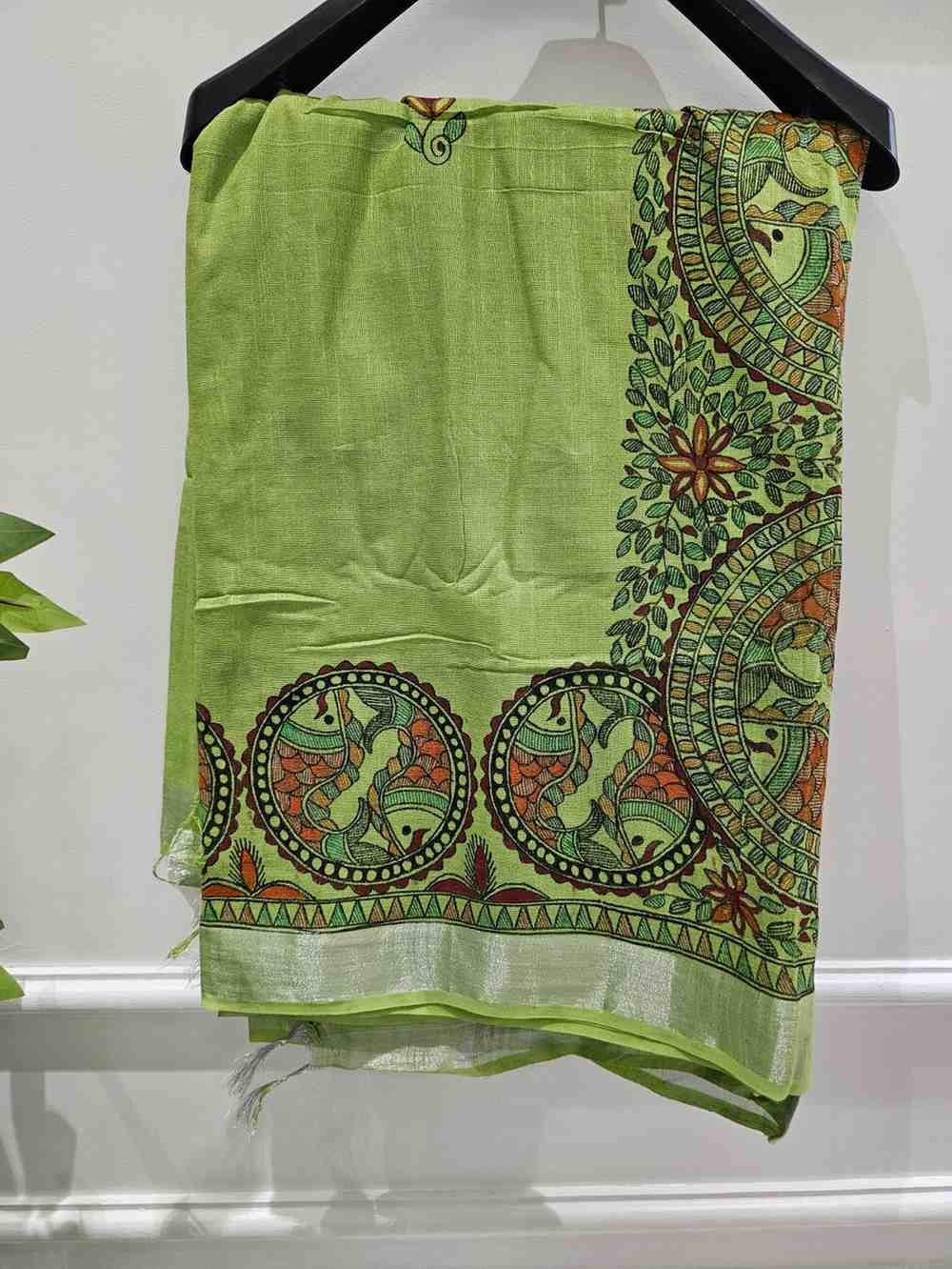 Matsya Leela mint green Hand painted madhubani blend saree