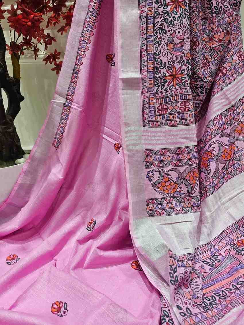 'Gulabi Mayuri' Hand painted Madhubani Blend Saree