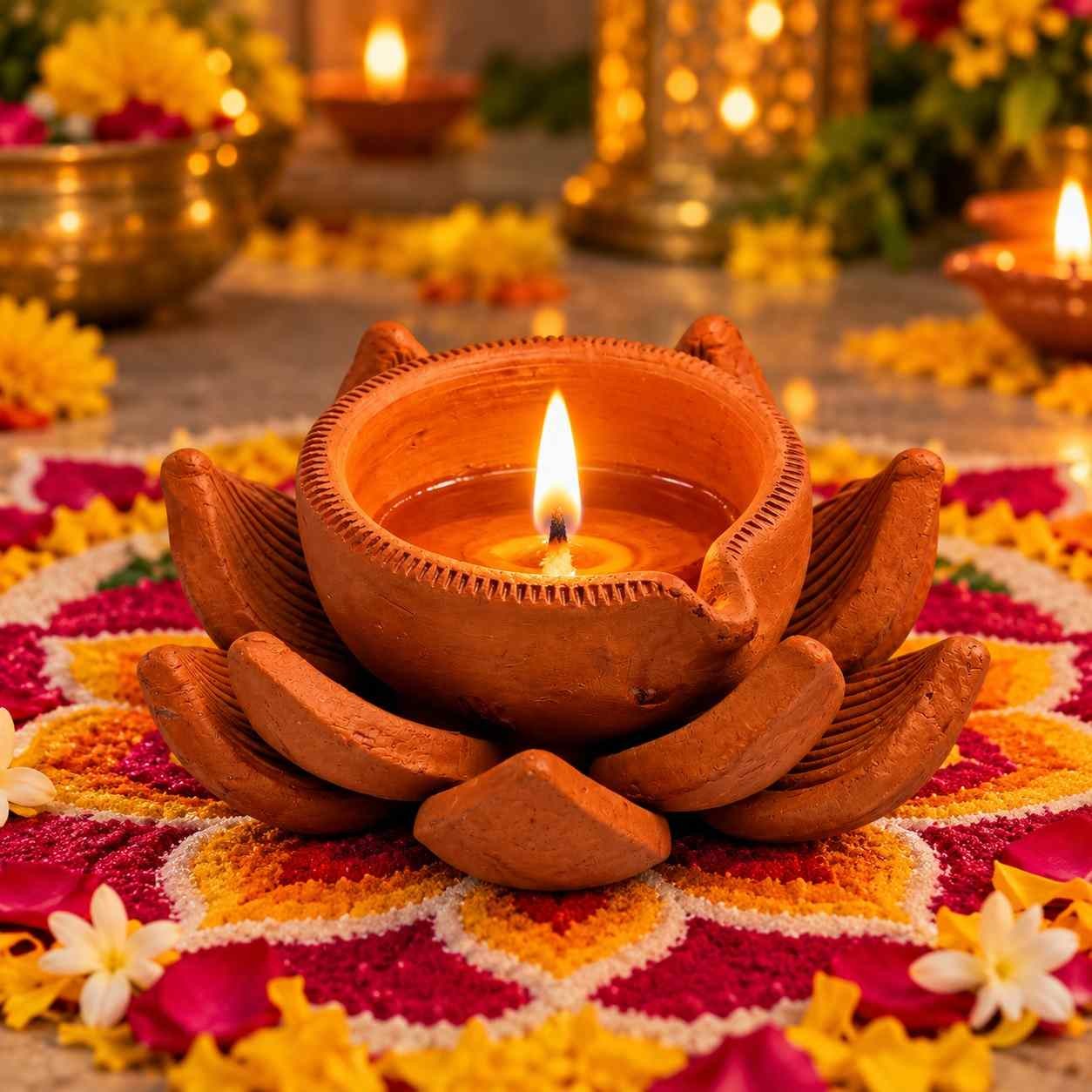 Handmade Terracotta Lotus Diya | Traditional Earthen Tealight Candle Holder for Diwali, Puja