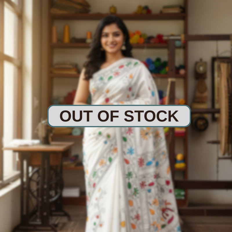 Bangalore Silk Blend Kantha Saree - White with Multicolor Design