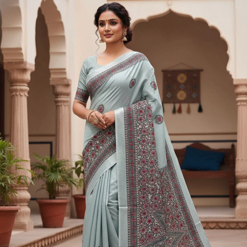 'PhoolChitra' Dusty Blue Hand Painted Madhubani Blend Saree