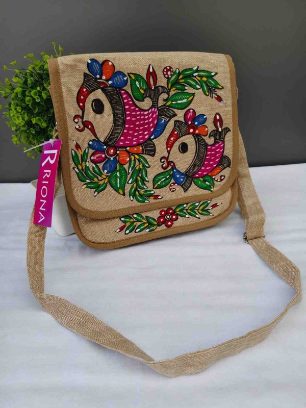 Handpainted Madhubani Jute Round cut Sling Bag - Twin Fish Design