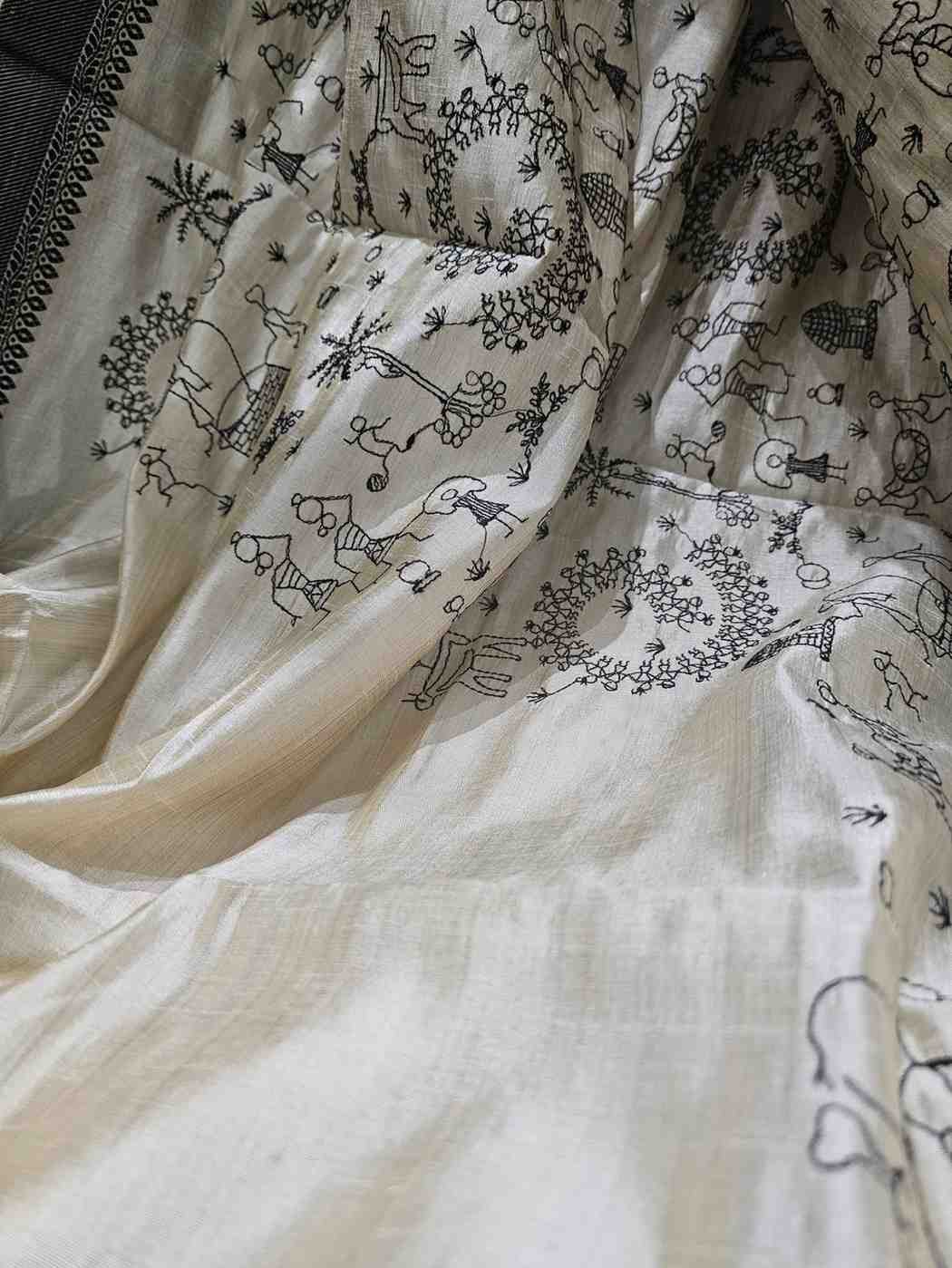 Black Thread Work Tussar Silk Saree - Rural Life Motifs
