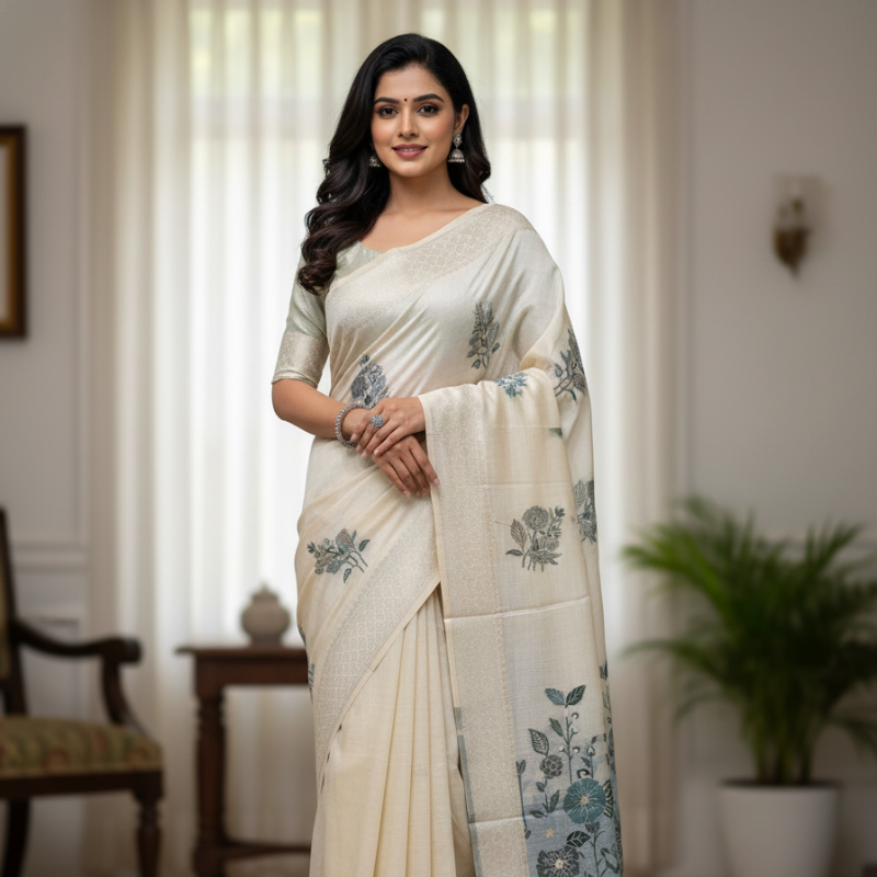 Off white hue with Grey Floral art Muga Jamdani saree
