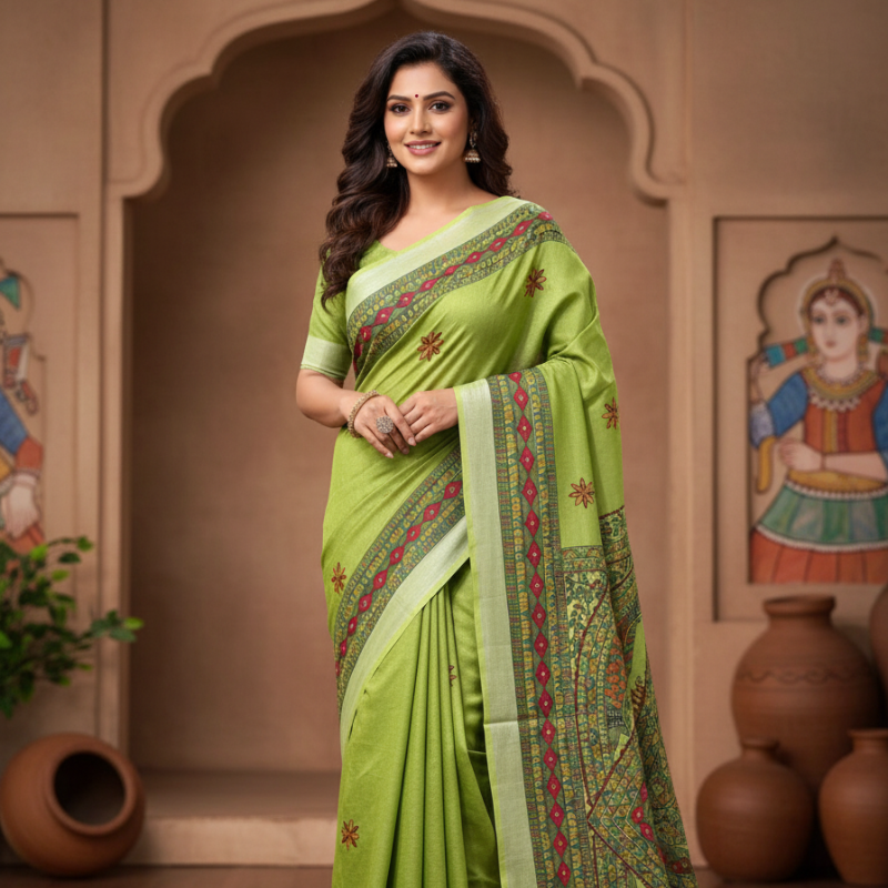 'Ardhya Matsya' Hand painted Madhubani Blend Saree - Green, Pink