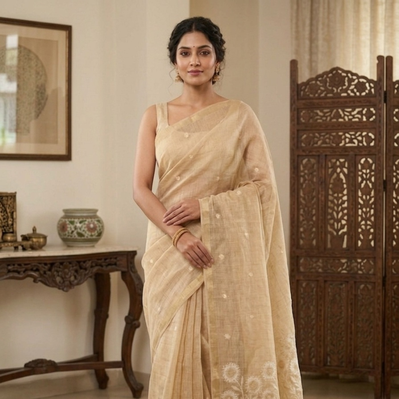 Springtime muga jamdani Saree-  Golden Beige