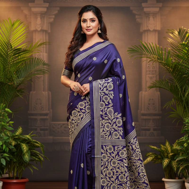 Violet Whisper Bangalore Silk Kantha Saree