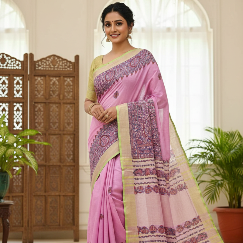 'Gulabi Surmai' Hand painted Madhubani Blend Saree