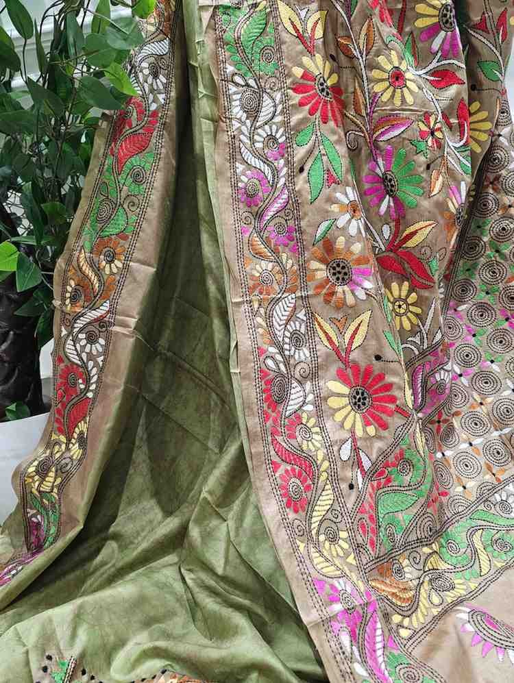 Bangalore Silk Blend Kantha Saree - Green with Multicolour Work