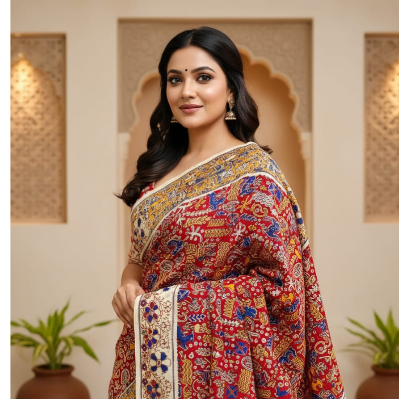 'Karṇika' Rust red with Tribal patterns cotton Kalamkari Saree