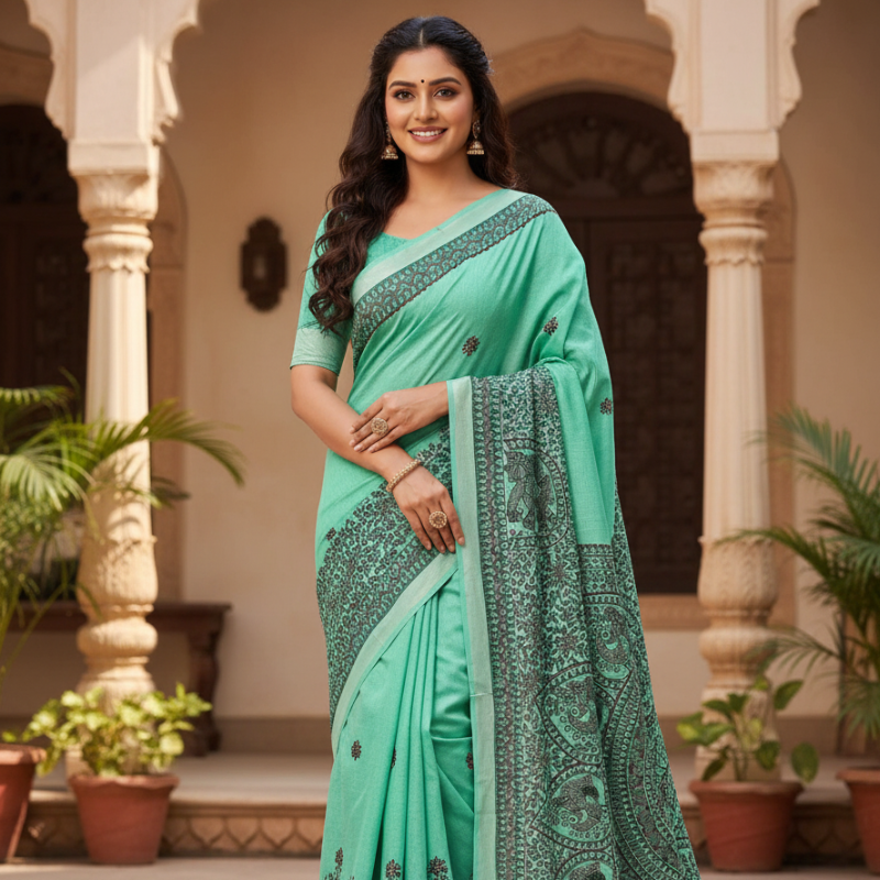 Morni spring Green Hand painted Madhubani blend Saree