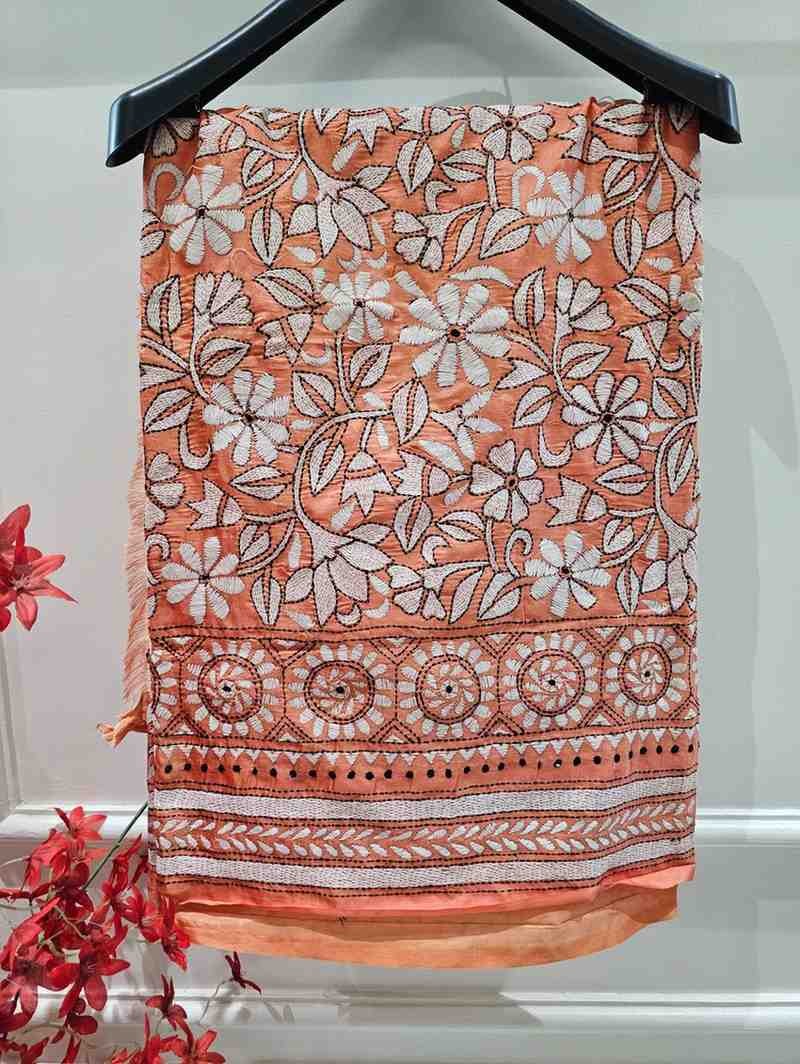 Bangalore Silk Blend Kantha Saree - Peach