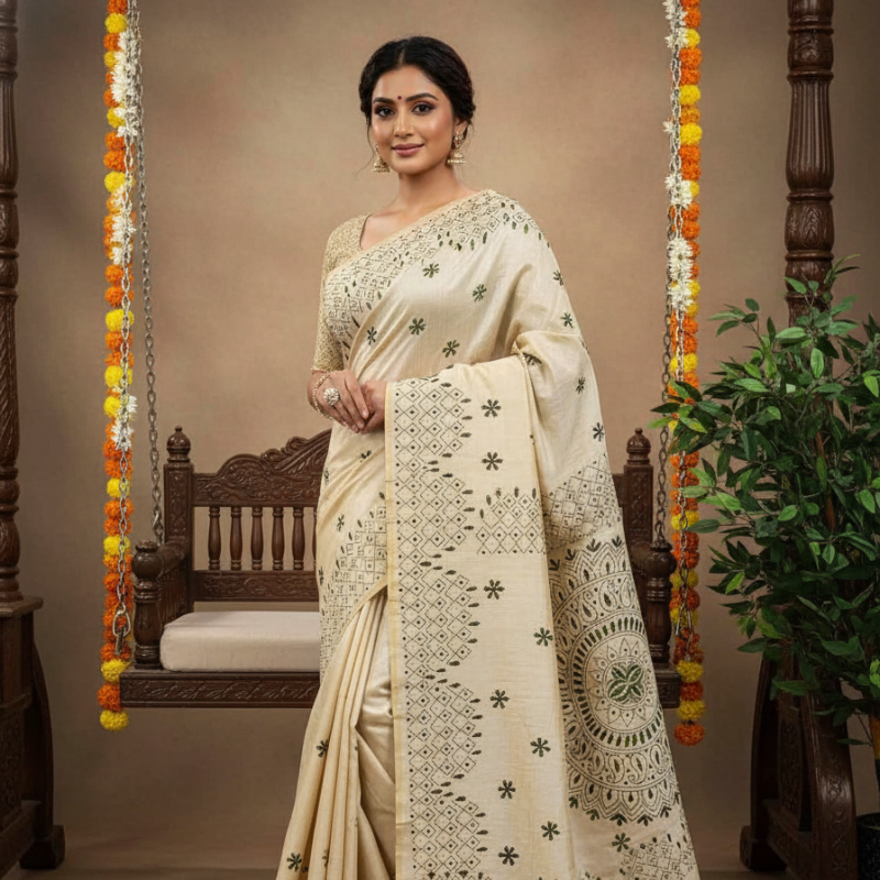 Hand Stitched Fragmented Kadhwa Kantha Saree- Green