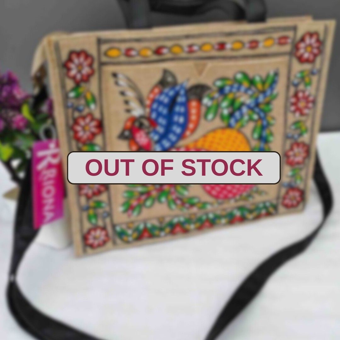 Handpainted Madhubani Box Tote Jute Bag - Peacock Design