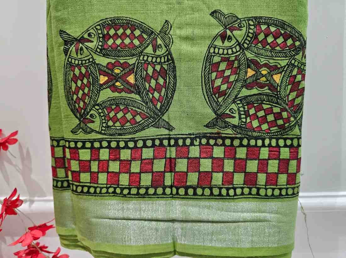 Mastya Sundari green Bharni Hand painted madhubani blend saree