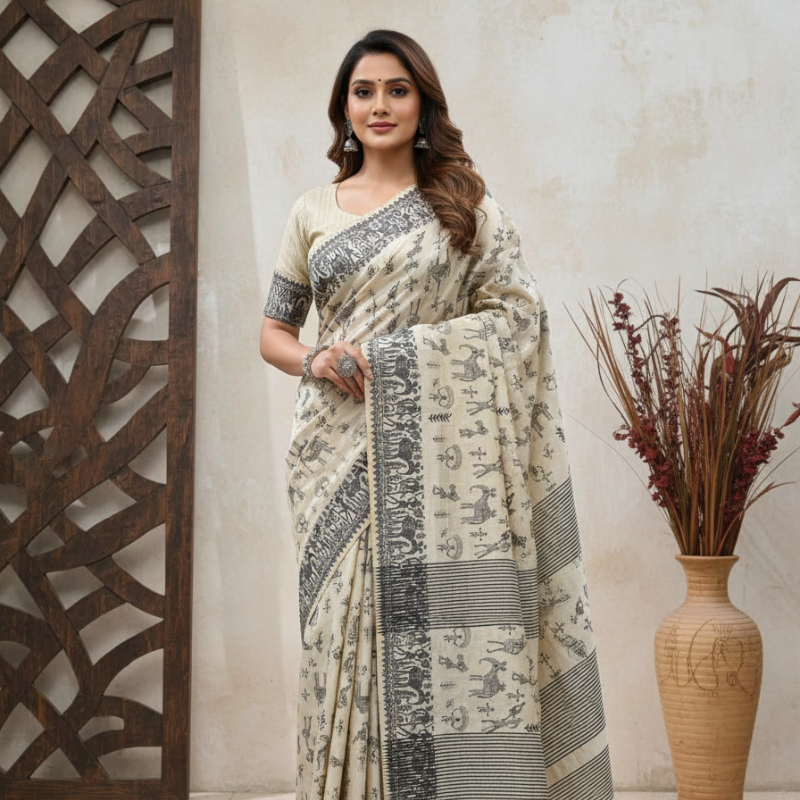 Black Thread Work Tussar Silk Saree- Elephant Motifs